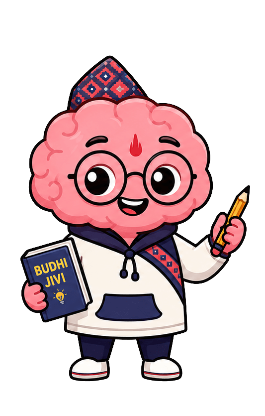 Budhijivi mascot holding a quiz book and pencil
